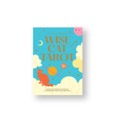 Predominantly blue Wise Cat Tarot card box with illustration of an orange cat sitting on white puffy clouds surrounded by star and planets