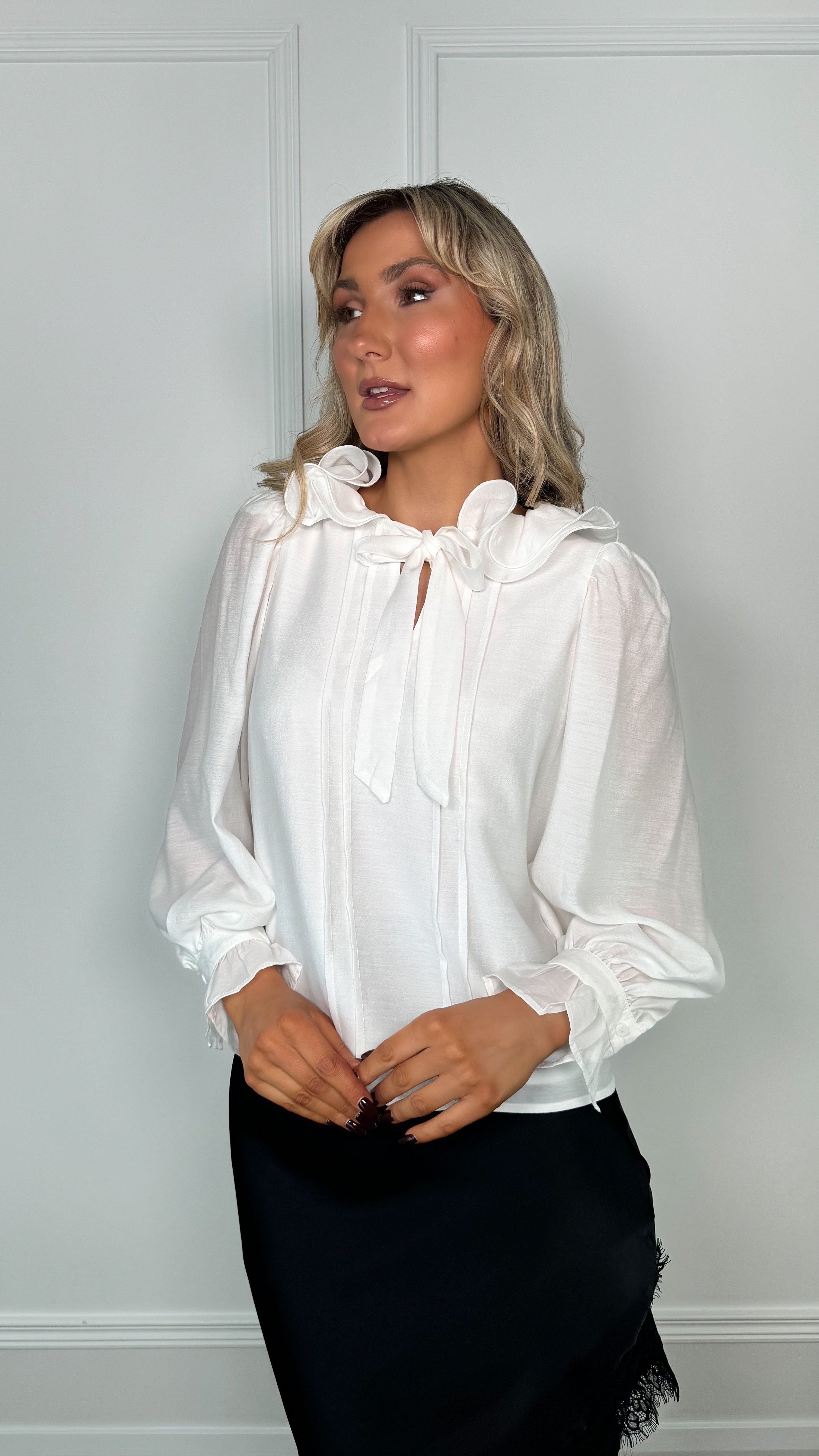 Ann Ruffle Blouse with Bow Tie - White