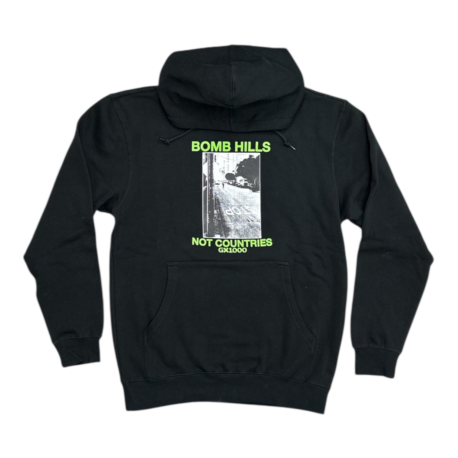 Black hoodie with text and graphic on the back, displayed on a white background