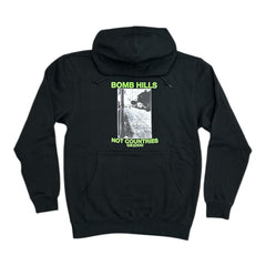 Black hoodie with text and graphic on the back, displayed on a white background