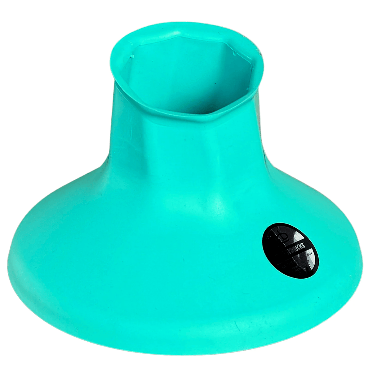 The Limited Edition Rugby Bricks teal plastic funnel, featuring a wide base and hexagonal opening with a black sticker, blends style and functionality. It's inspired by the iconic Teal Kicking Tee used by Connor Murray.