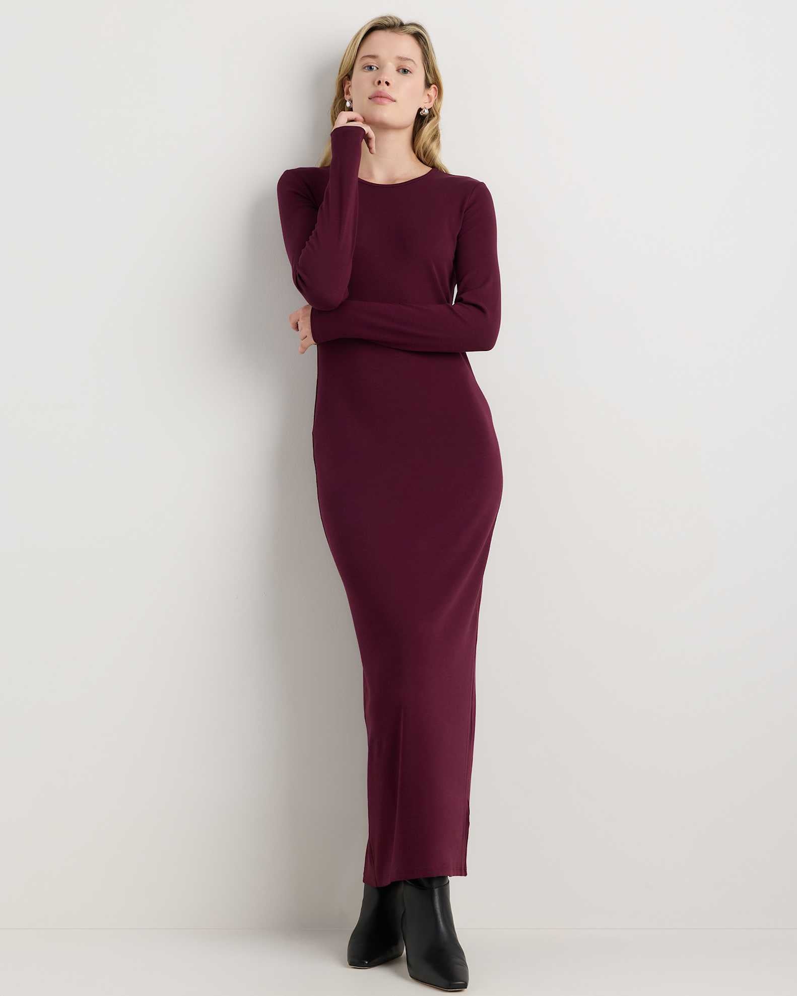 Women's Tencel Modal Knit Long Sleeve Maxi Dress in Wine Tasting Red, Size Small by Quince